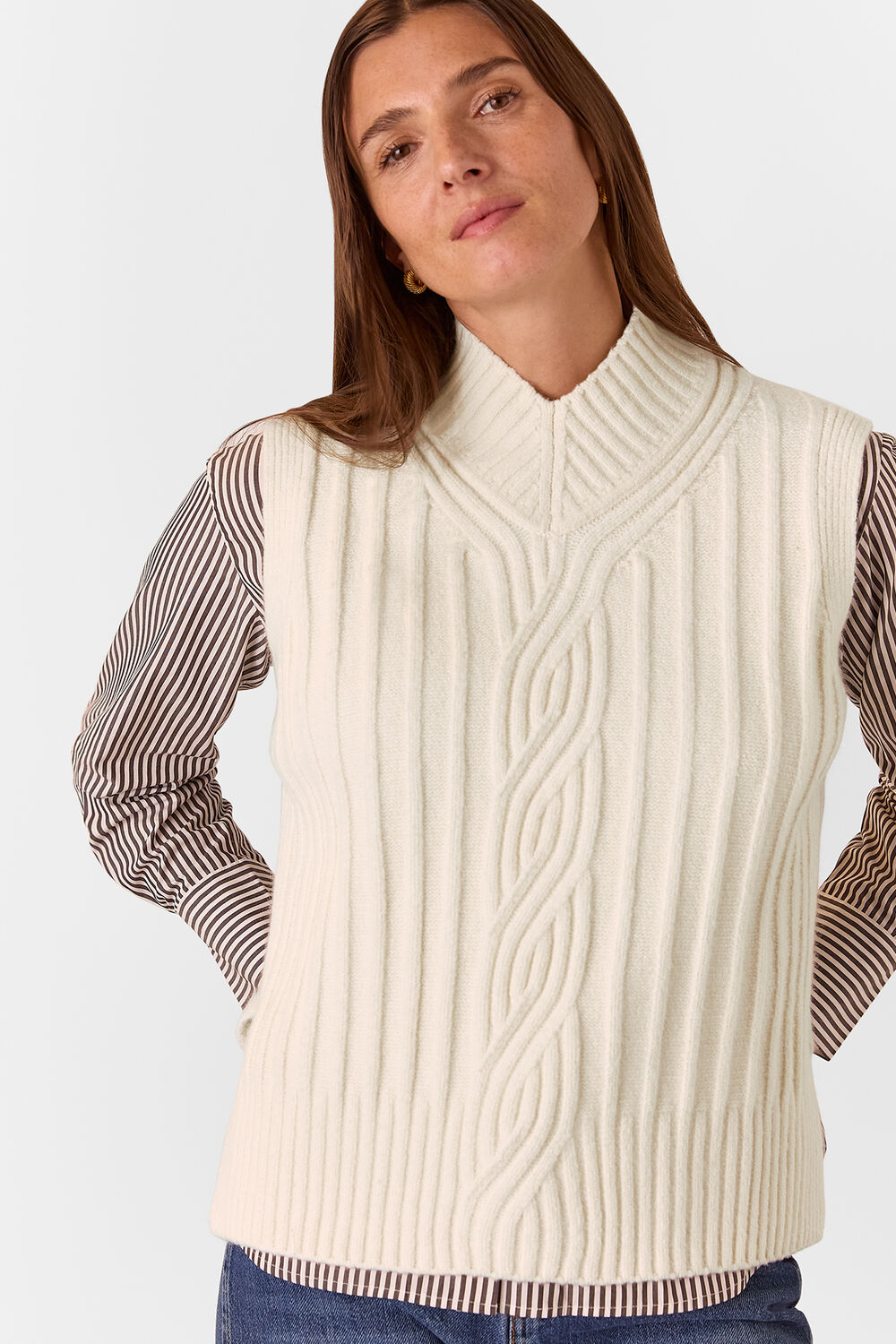 Ivory V Neck Cable Detail Tank