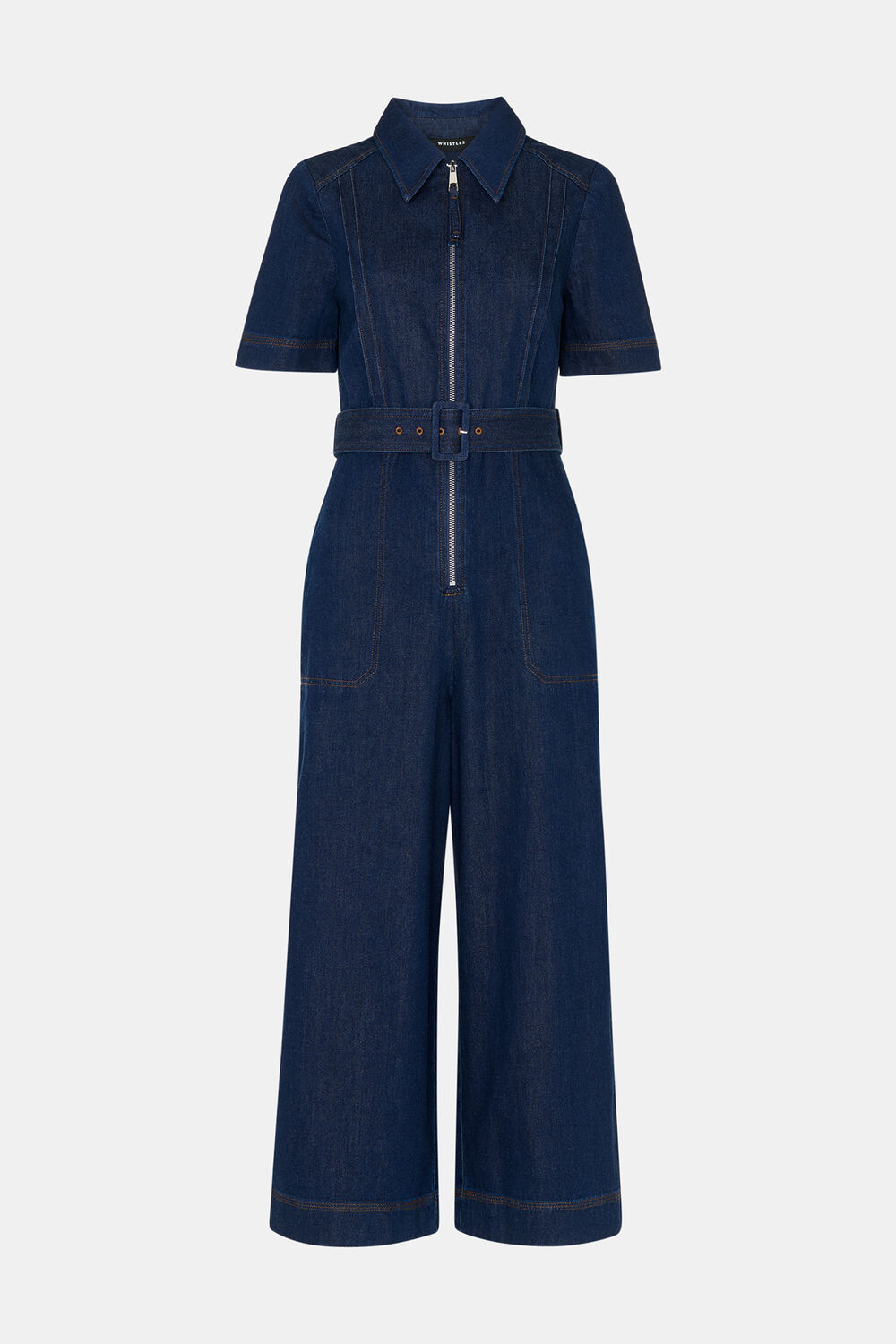 Denim Pintuck Belted Jumpsuit