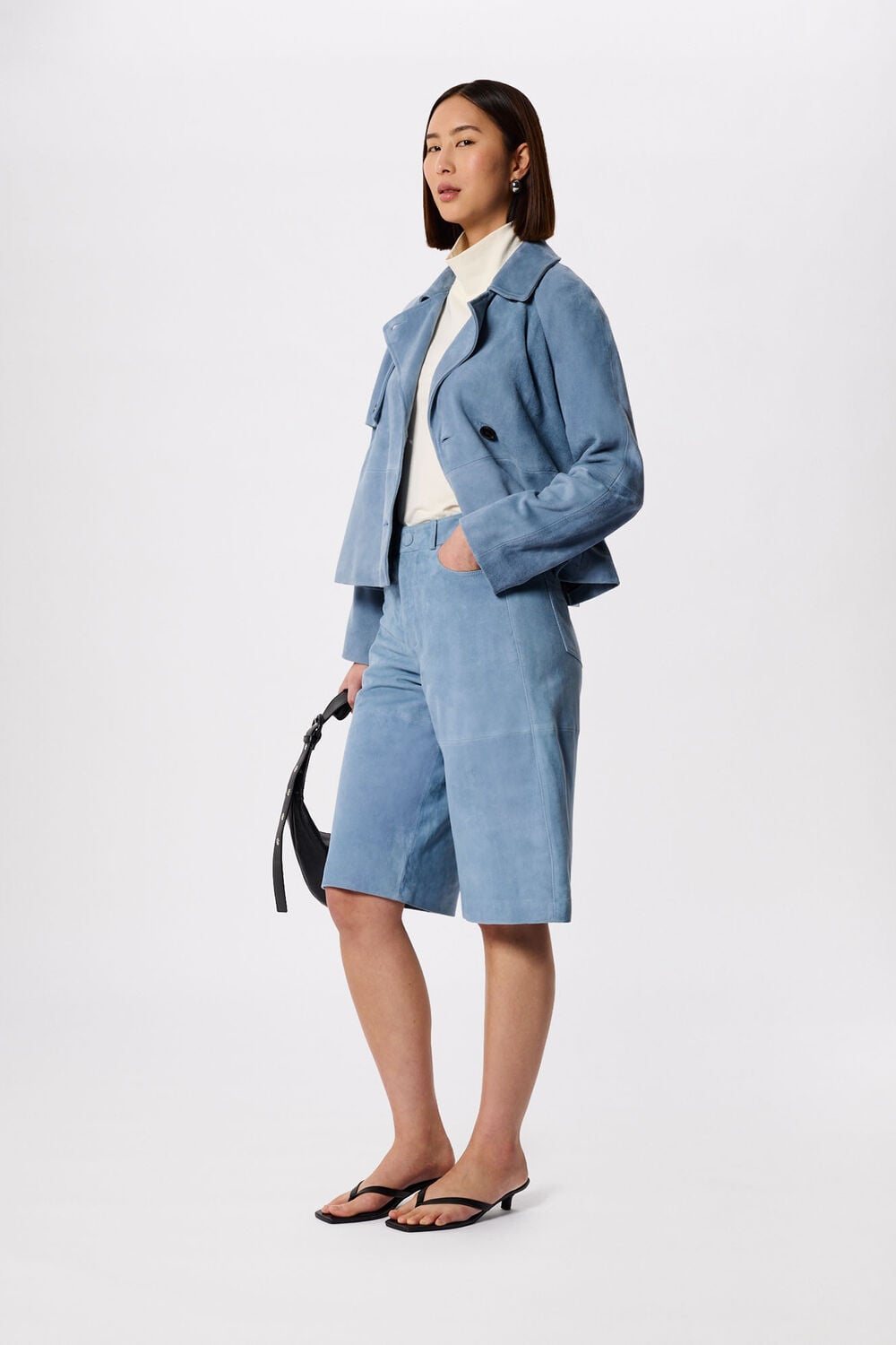 Blue Suede Short Trench Jacket