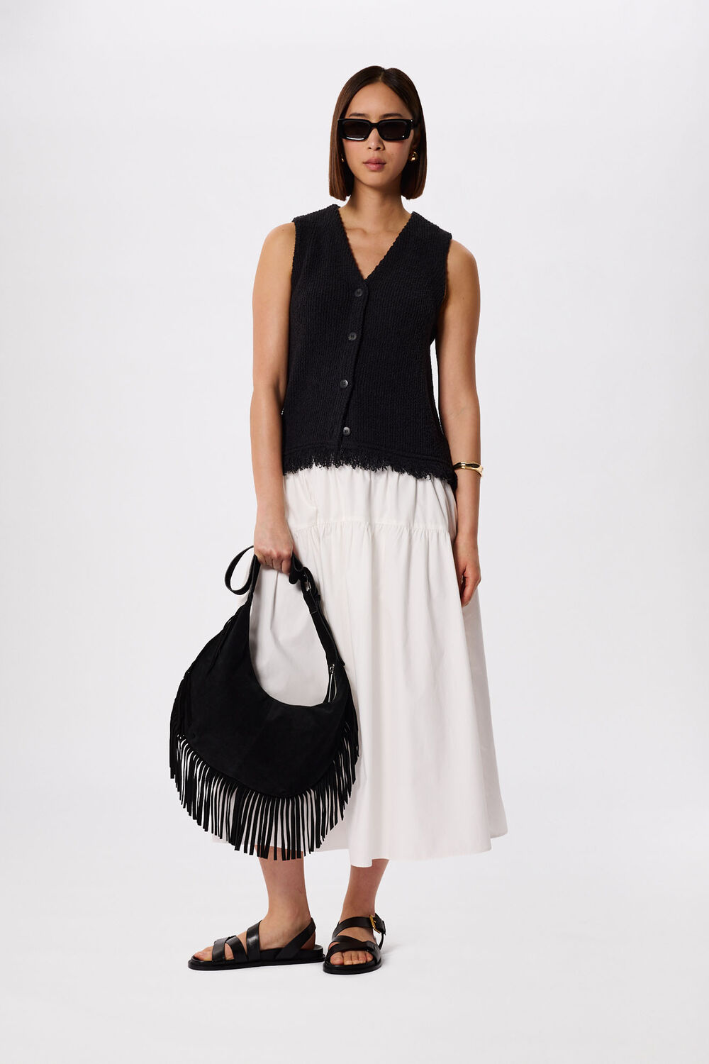 Black Cotton Boucle Fringe Tank