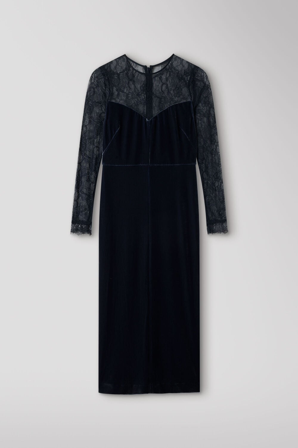 Navy Lace Sleeve Velvet Midi Dress