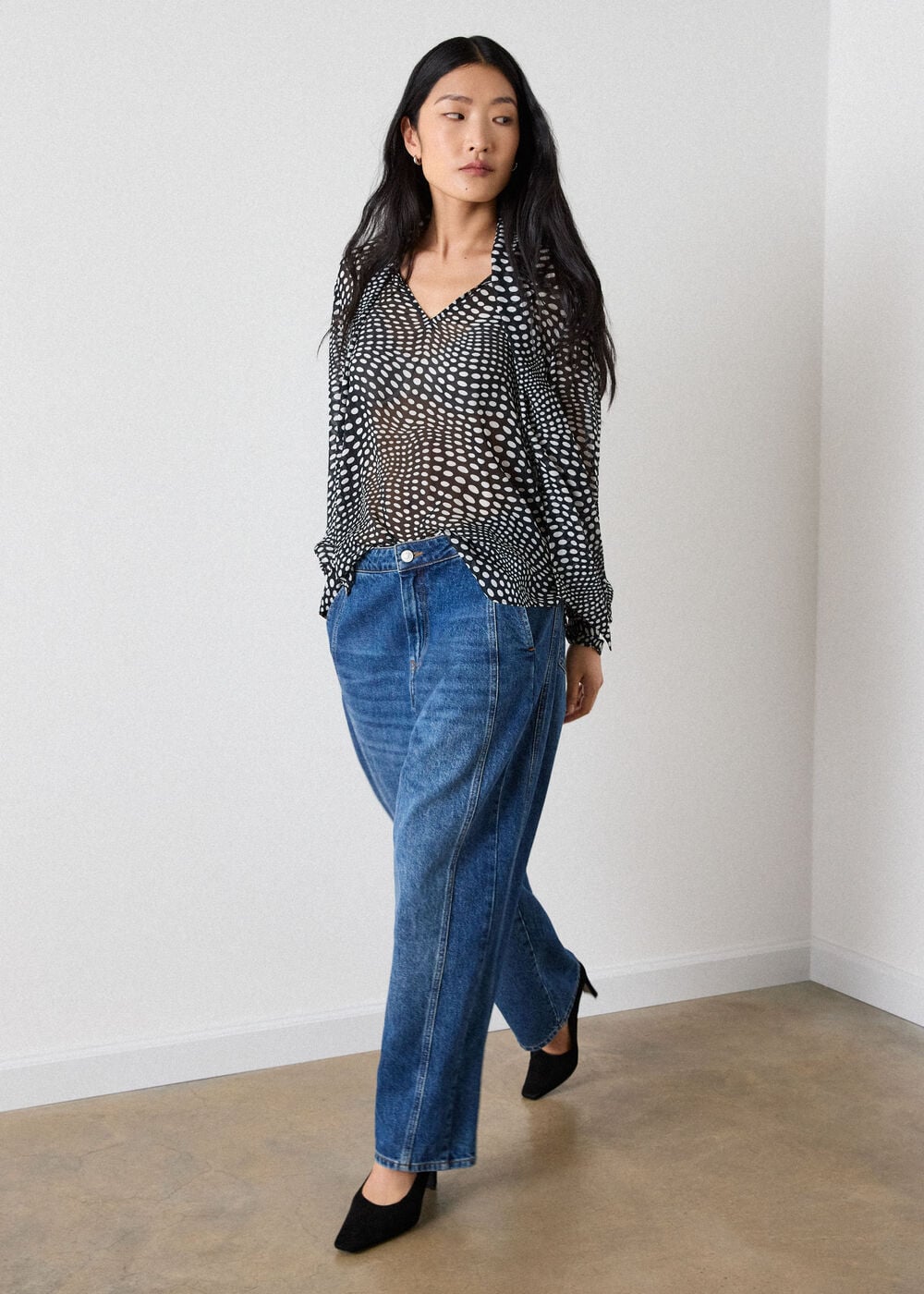 Black Mixed Spot Scarf Sheer Blouse
