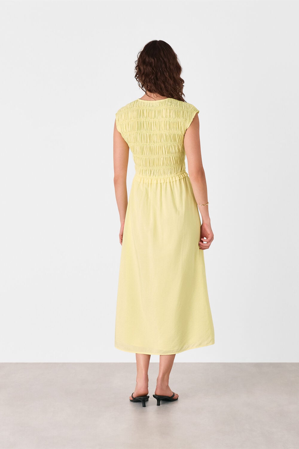 Lemon Shirred Bodice V Neck Dress