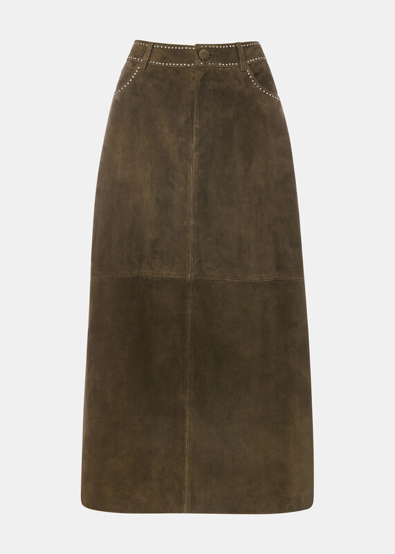 Olive Suede Studded Column Skirt