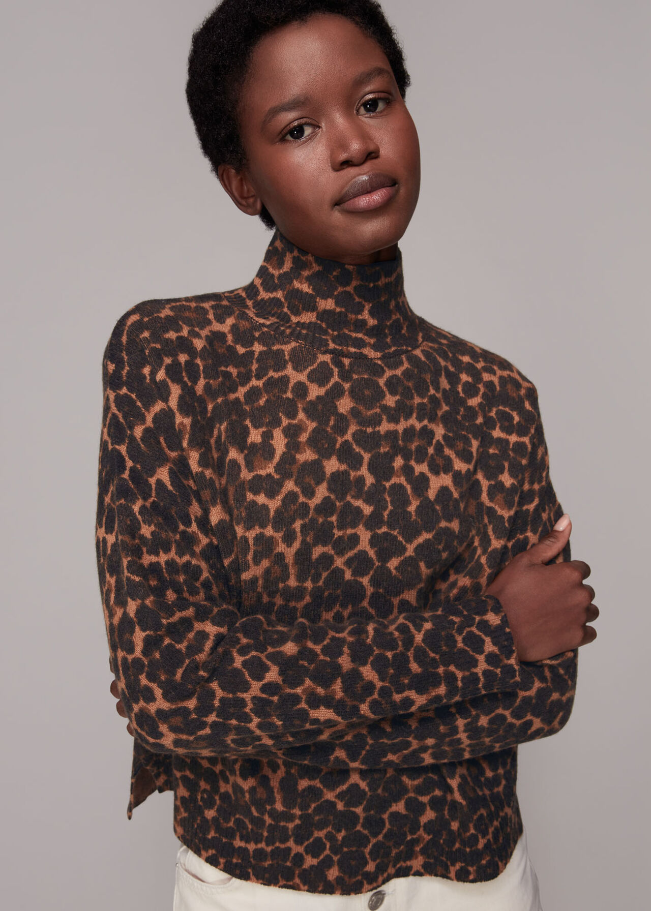 Leopard Print Smudged Animal Wool Split Knit | WHISTLES | Whistles UK