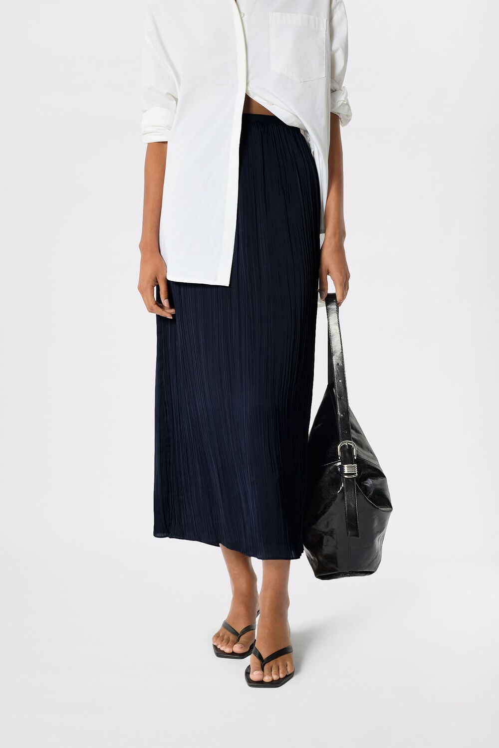 Navy Plisse Column Midi Skirt