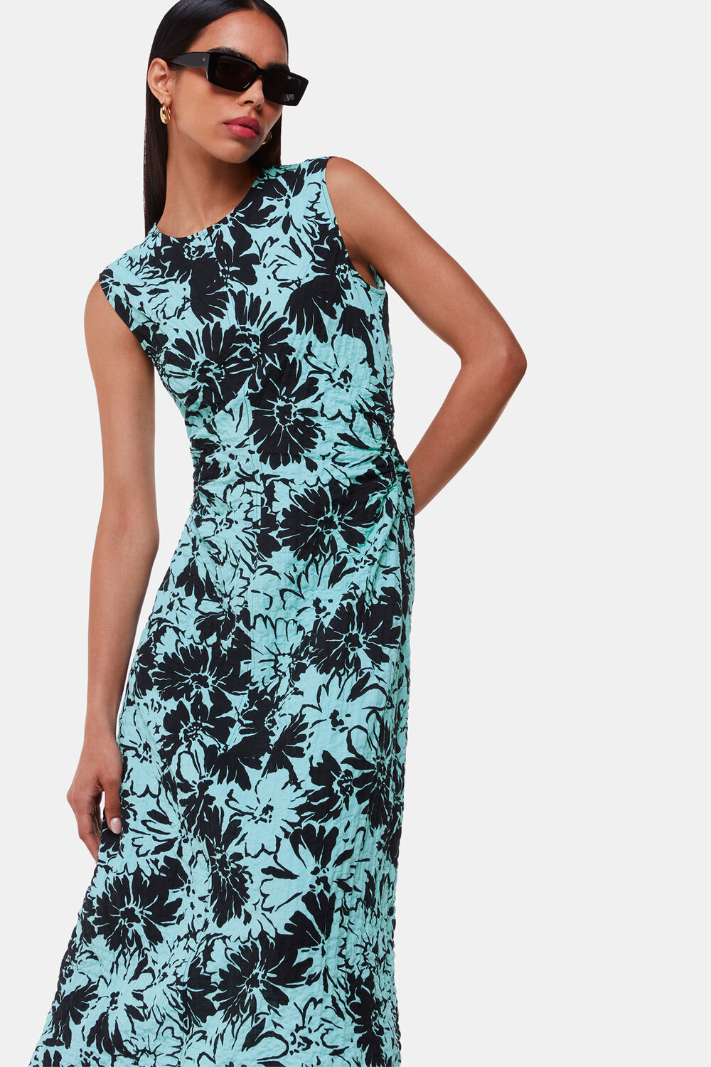 Blue Pansy Print Textured Dress