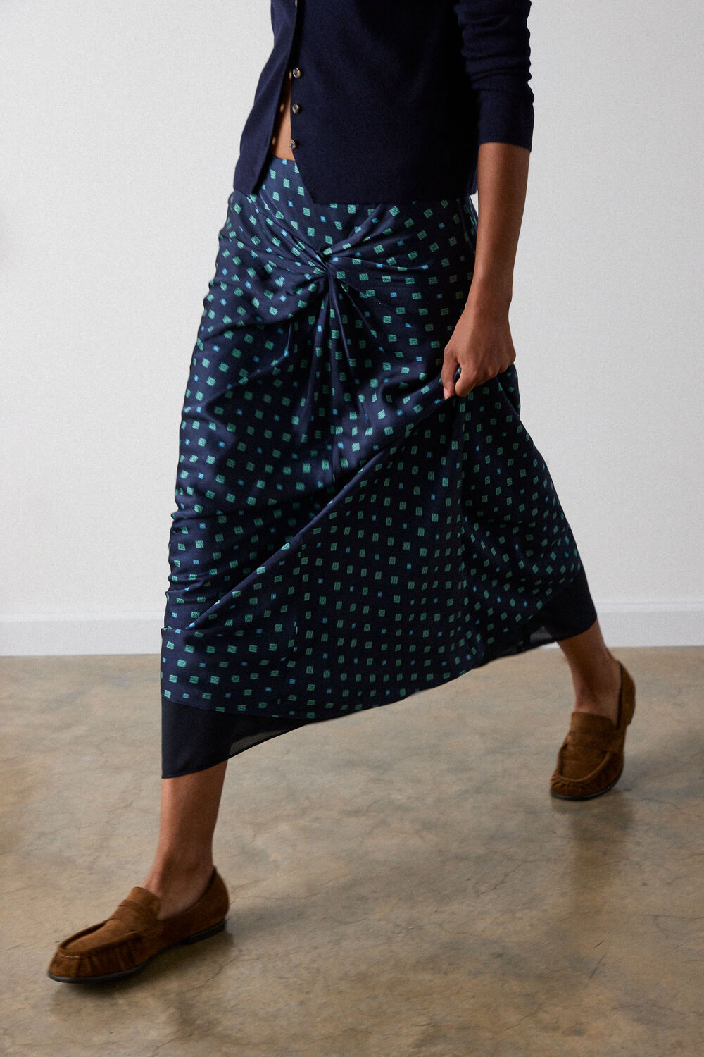 Navy Diamond Geo Twist Midi Skirt