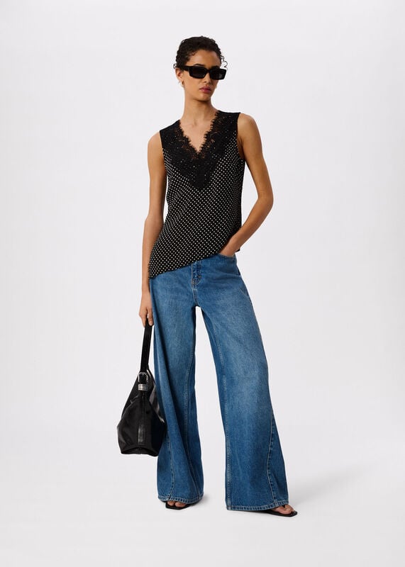 Black Mini Spot Lace Trim Top