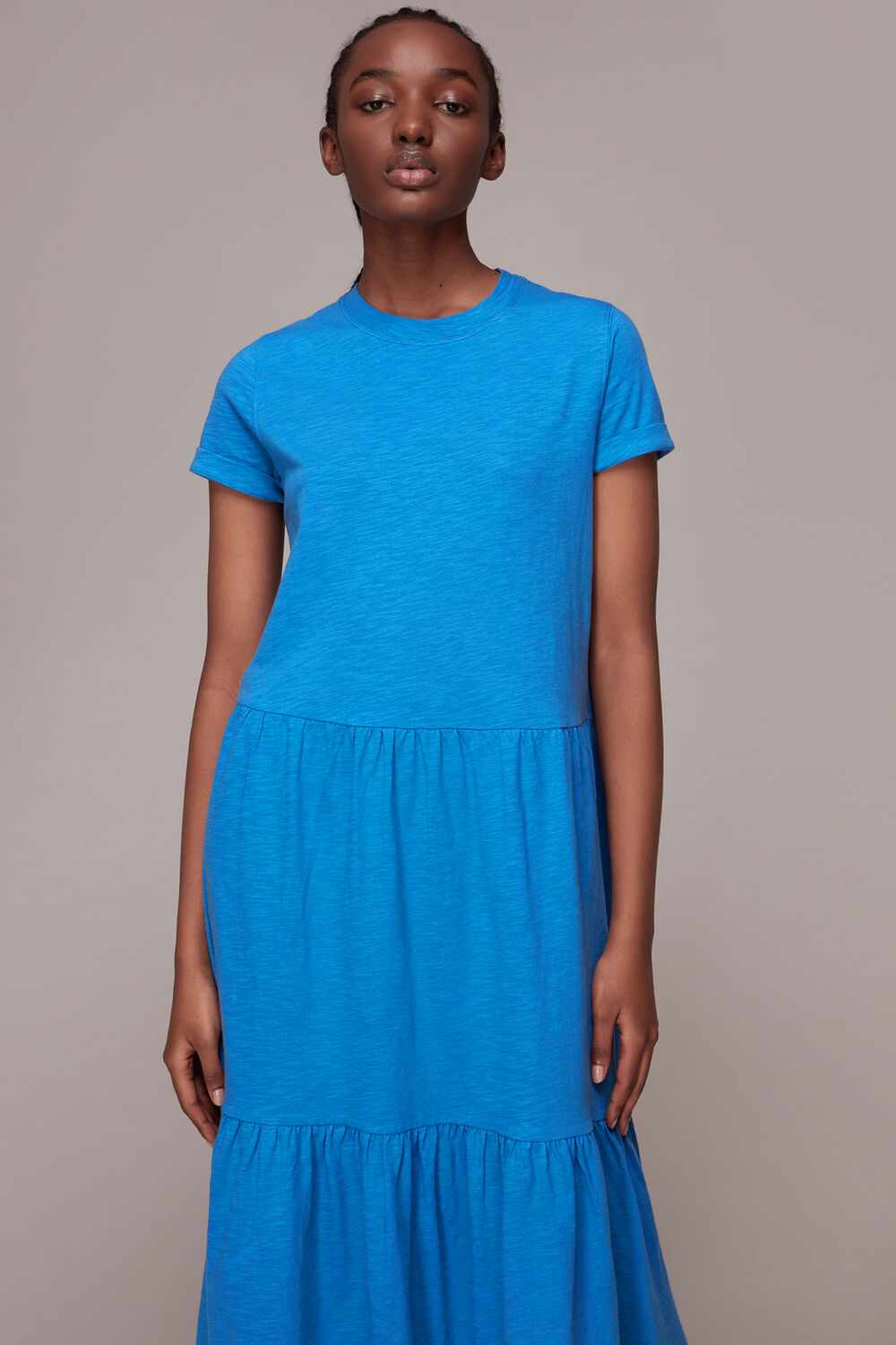 Blue Tiered Jersey Midi Dress