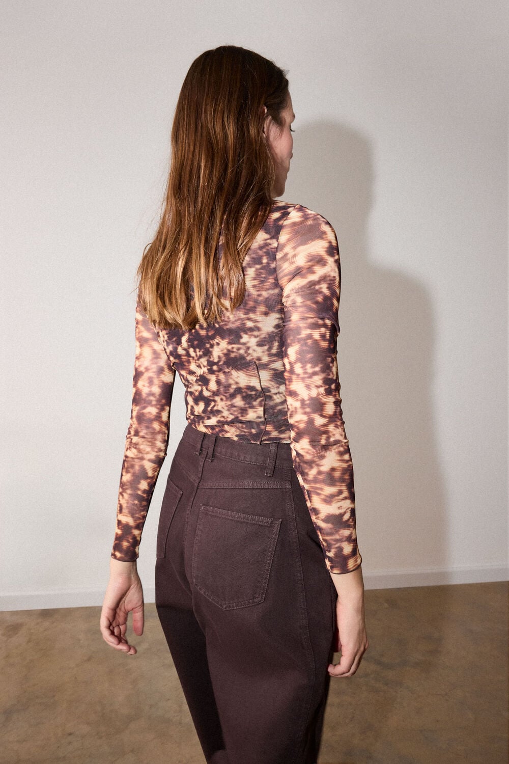 Brown Abstract Animal Mesh Top
