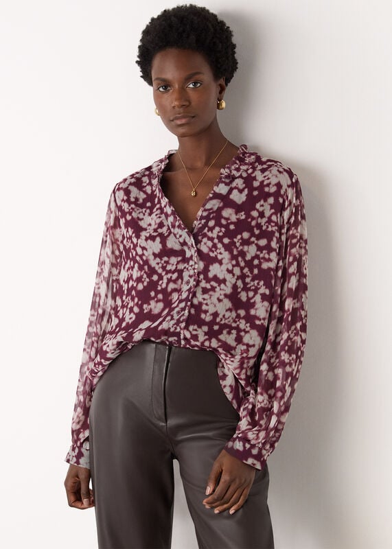 Burgundy Inky Floral Long Sleeve Blouse