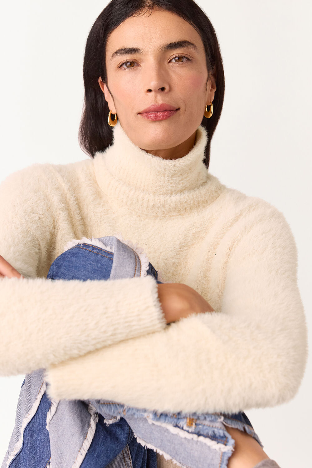 Beige Isla Cropped Fluffy Roll Neck