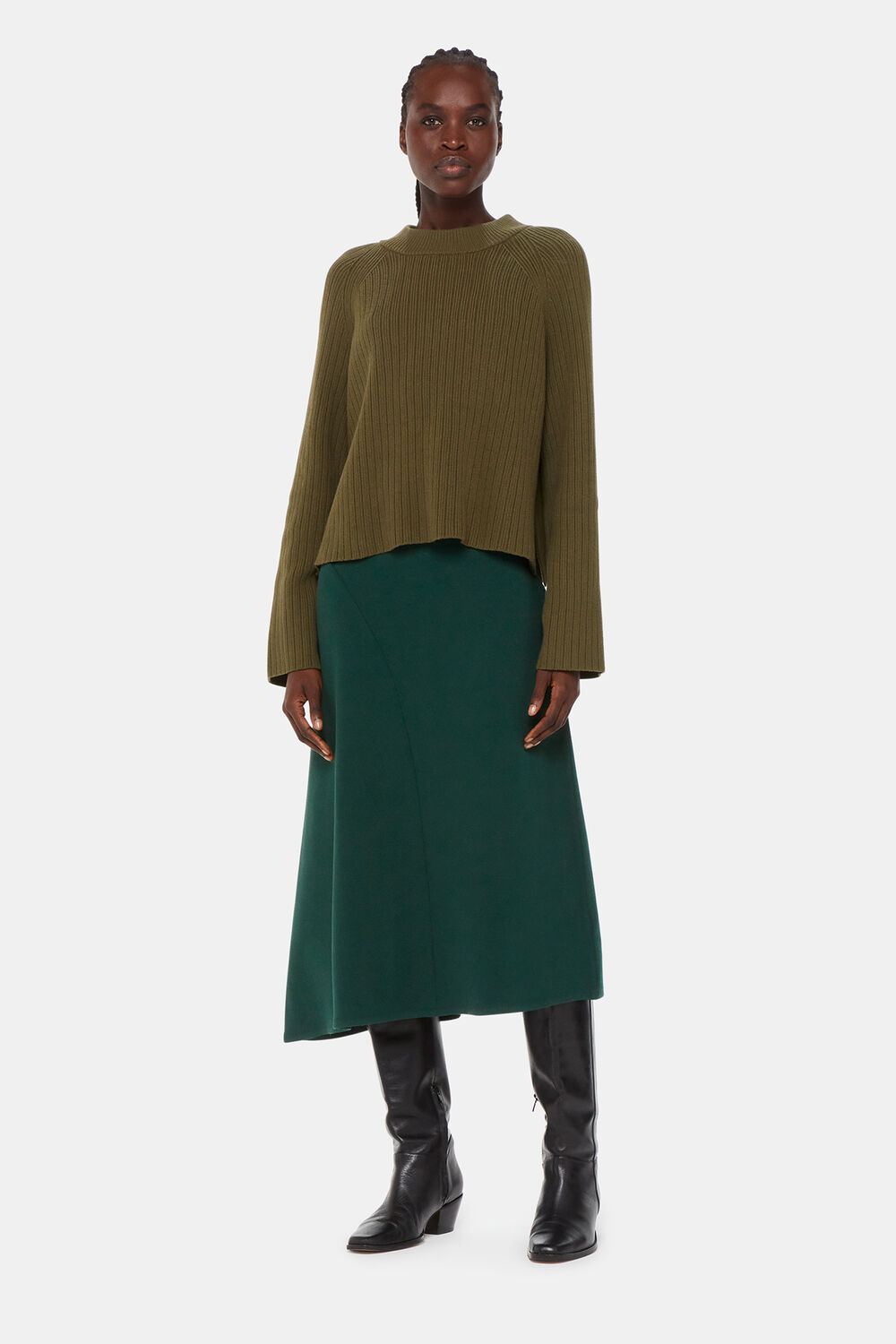 Forest Green Ottoman Rib Curved Hem Skirt