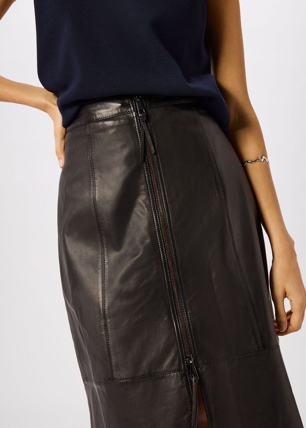Zip Front Leather Pencil Skirt