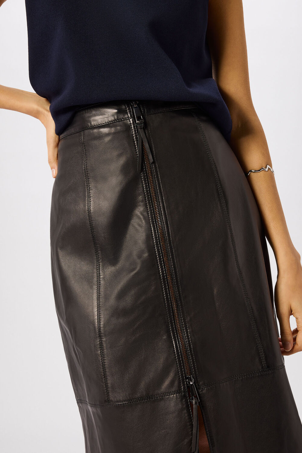 Black Zip Front Leather Pencil Skirt