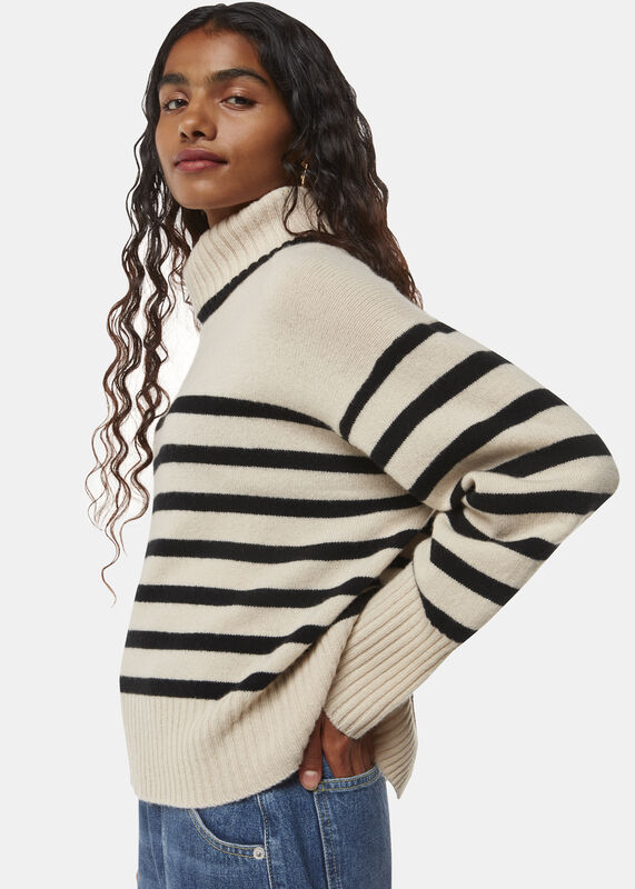 Ivory Petite Stripe Wool Turtleneck Sweater
