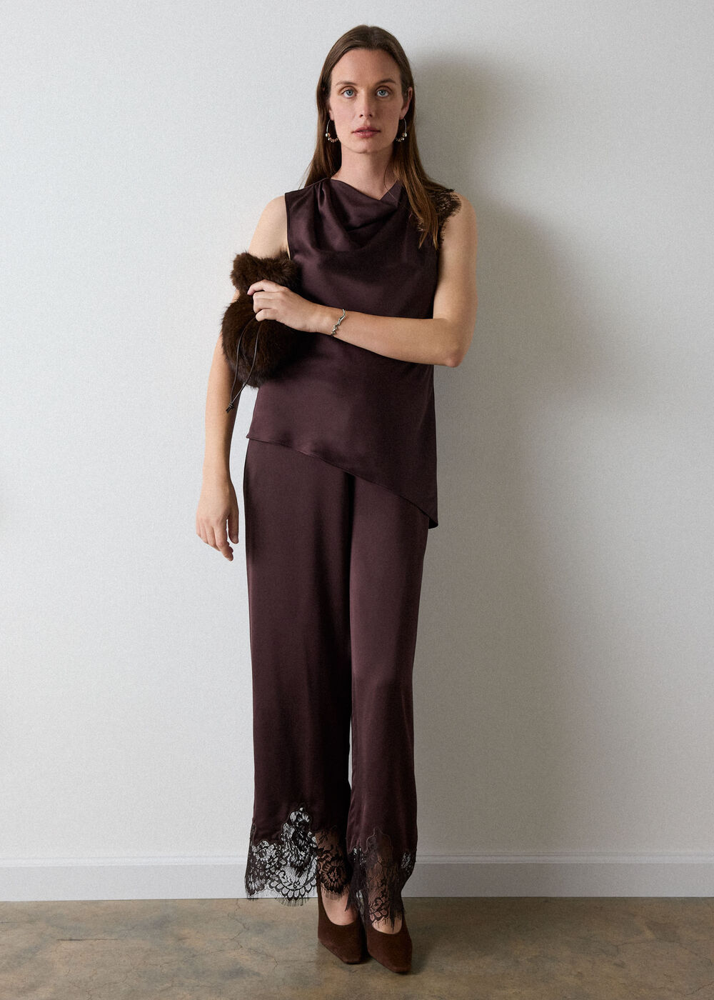 Chocolate Satin Lace Trim Trouser