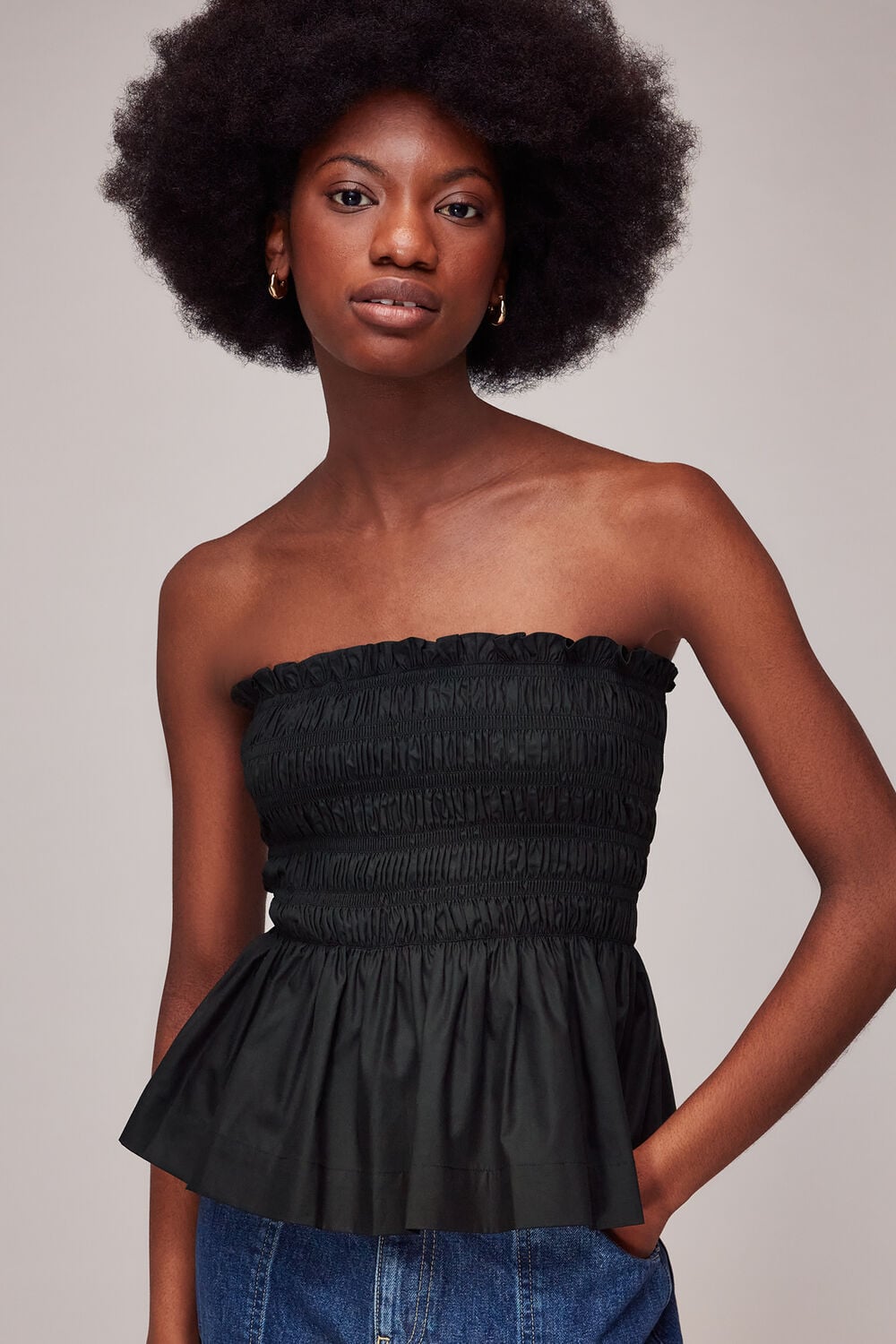 Black Shirred Tie Detail Top
