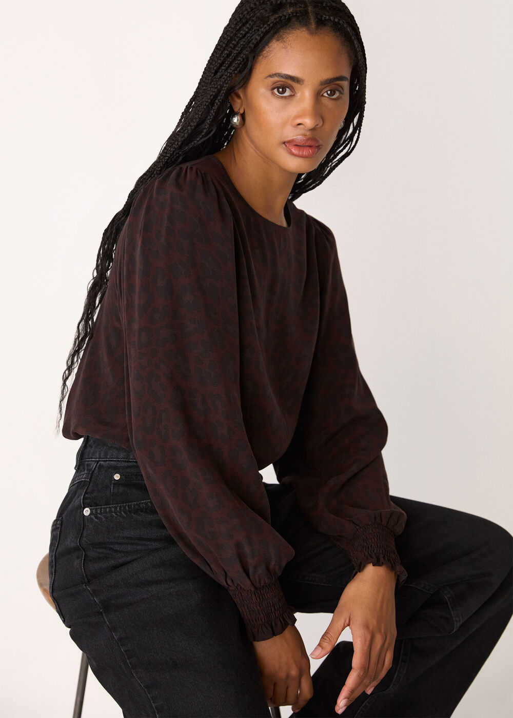 Leopard Shirred Cuff Blouse