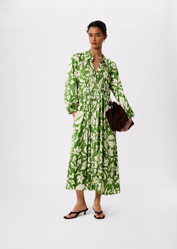 Green Floral Trapeze Shirt Dress