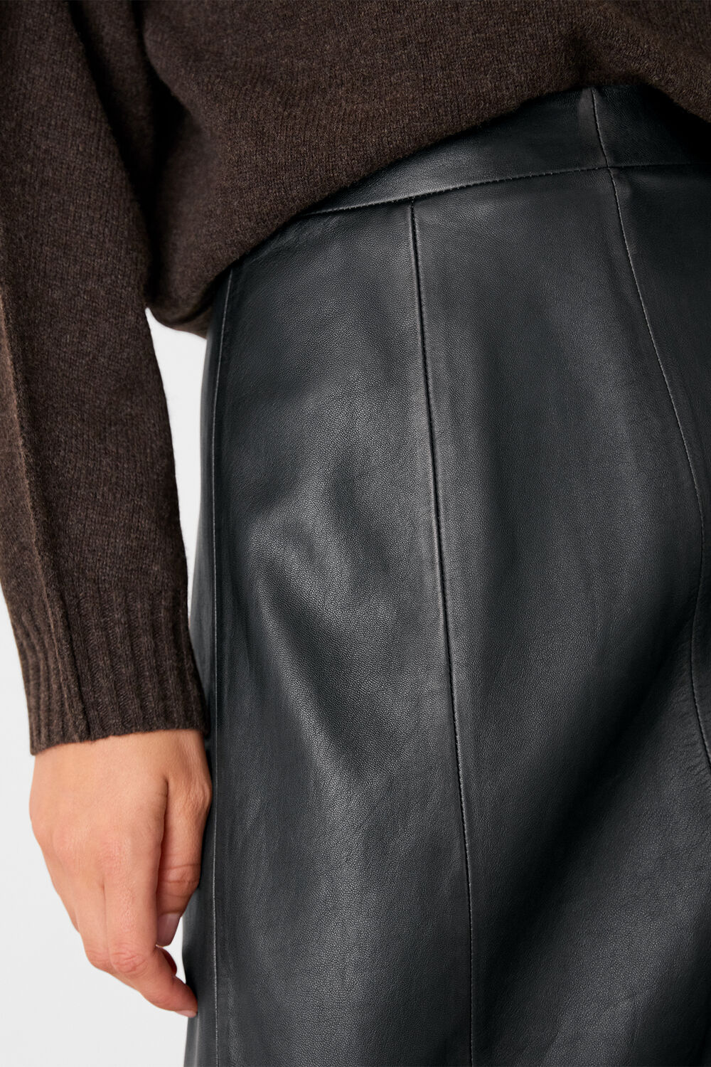 Black Burnished Leather Midi Skirt