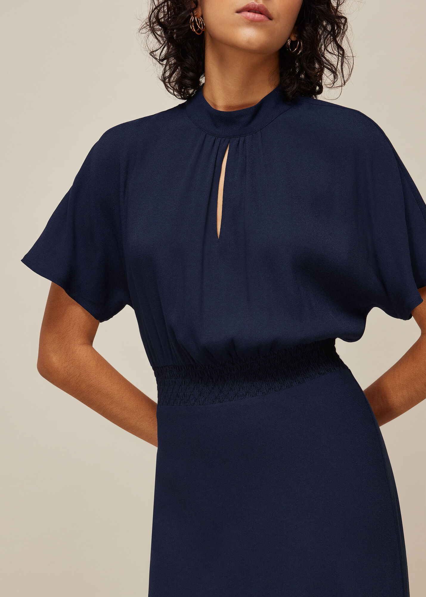 Navy Shirred Waist Midi Dress WHISTLES Whistles US