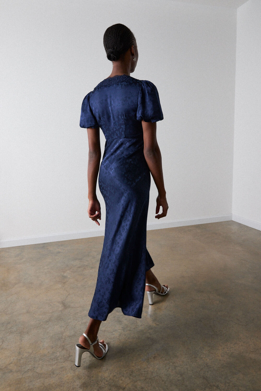 Navy Jacquard V Neck Midi Dress