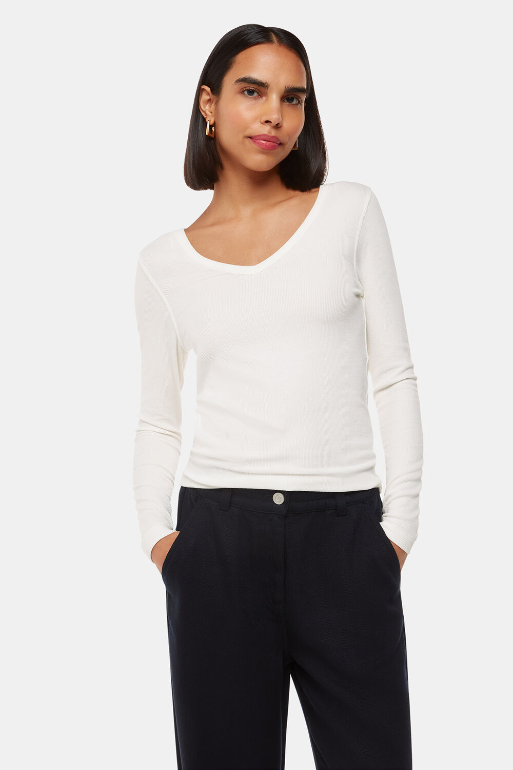 Ivory Essential Ribbed V Neck