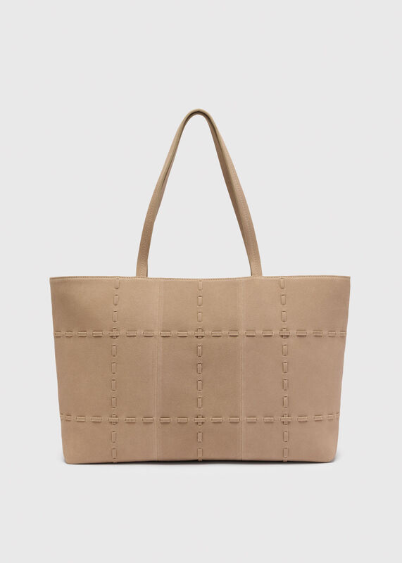 Neutral Suede Whipstitch Tote Bag