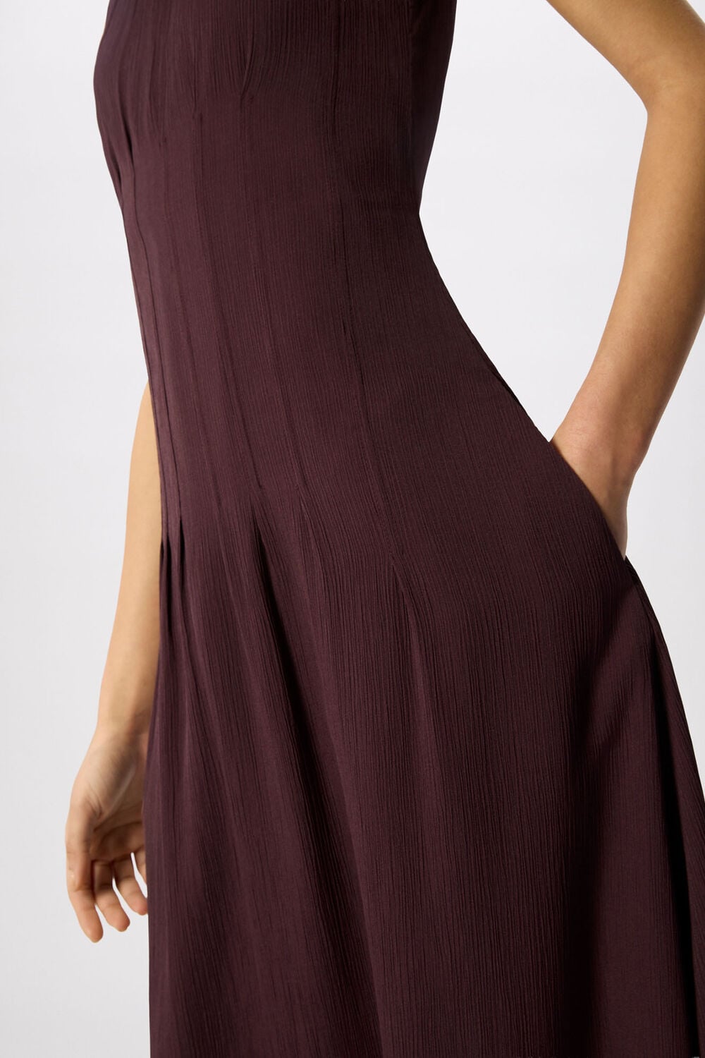 Brown Seamed Detail Textured Dress