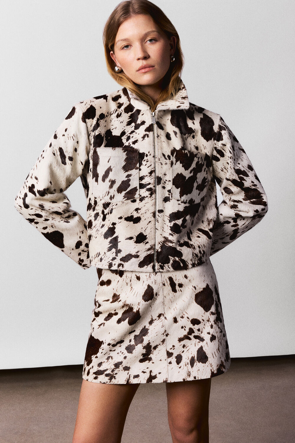 Brown Cow Print Zip Jacket