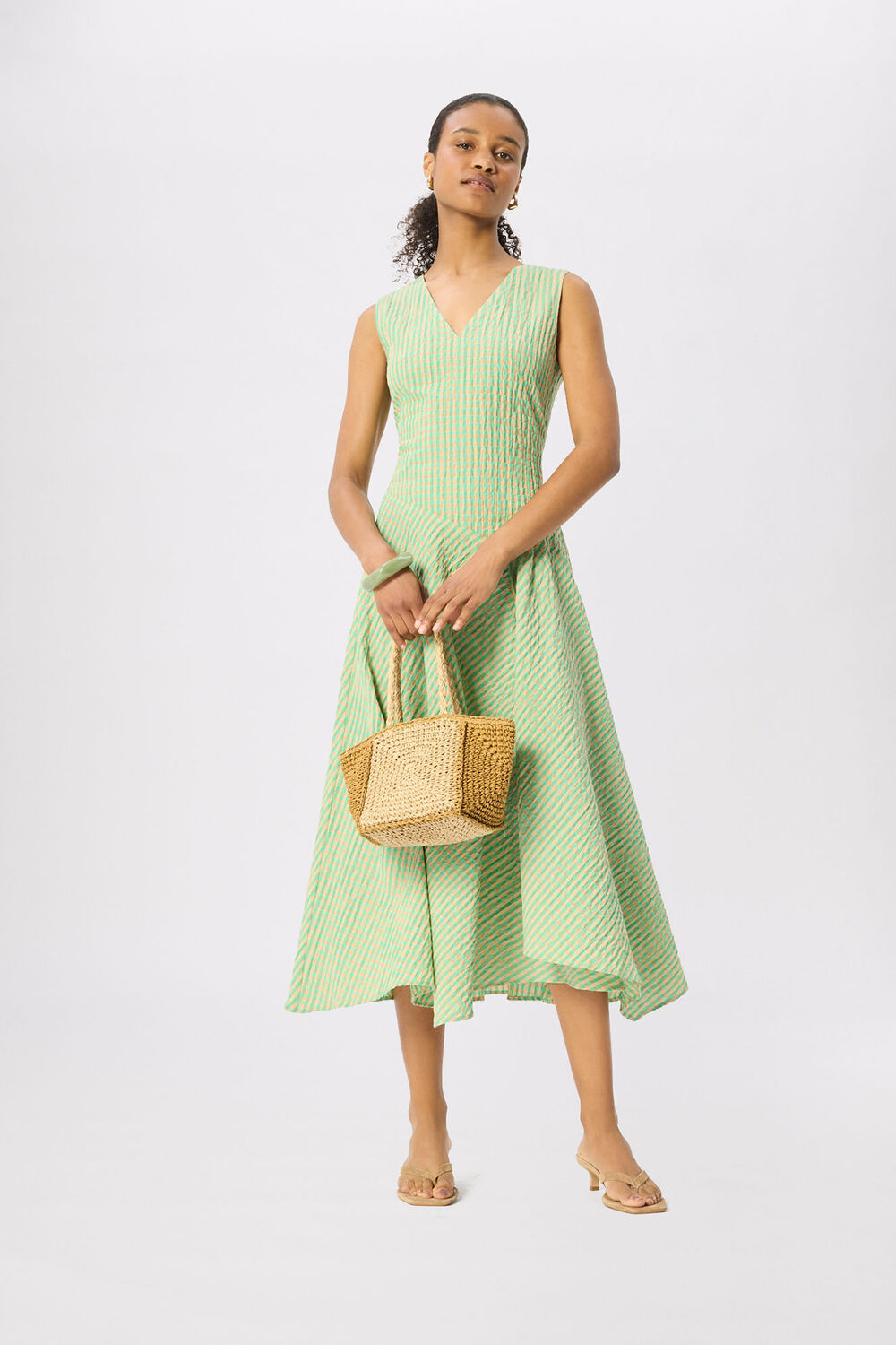Green Check V Neck Asymmetric Dress