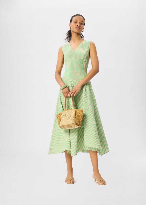 Green Check V Neck Asymmetric Dress