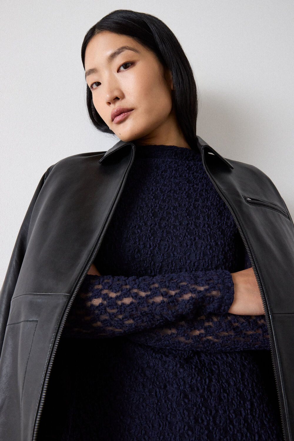 Navy Textured Drop Waist Midi Dress