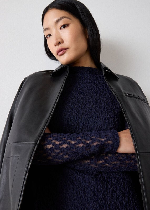 Navy Textured Drop Waist Midi Dress