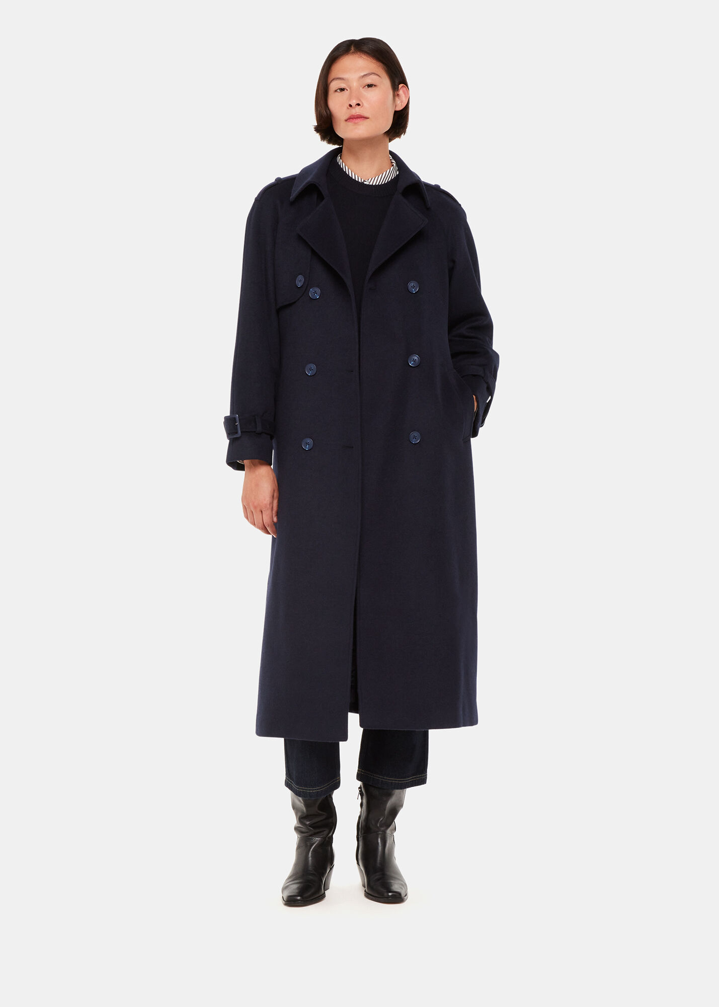 Navy Wool Longline Mac Coat with a Tie Waist | Whistles | Whistles