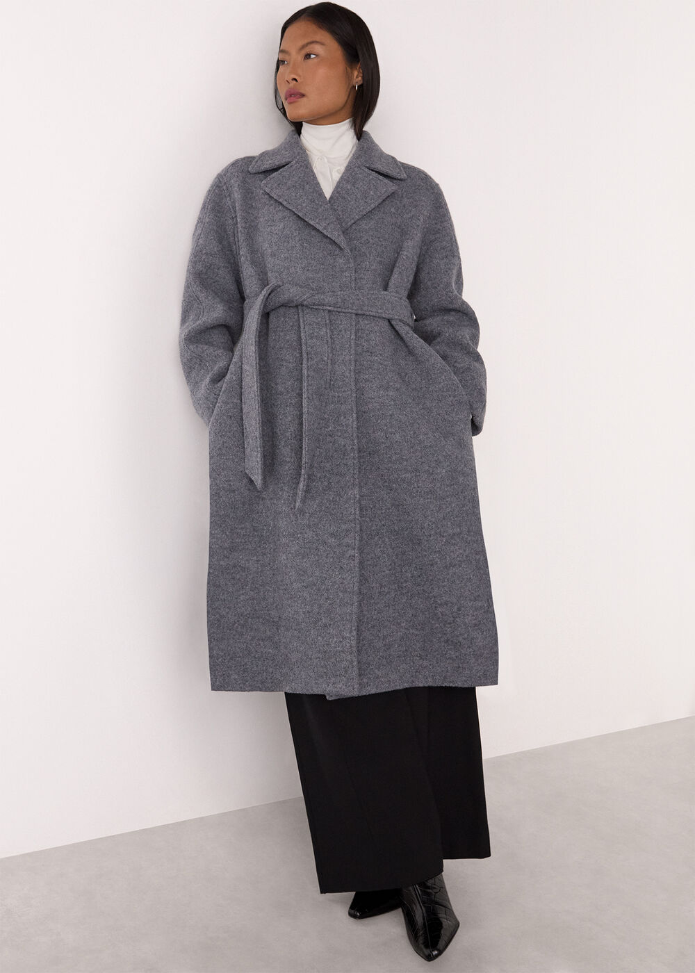 grey wool dress coat Whistles Petite Long Belted Wool Coat Grey Size 8