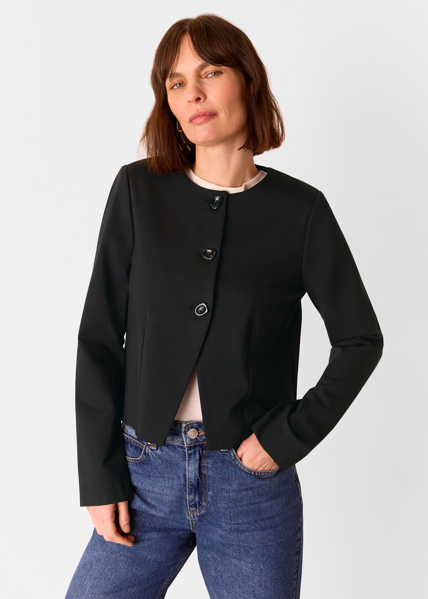 Women's Black Collarless Button-Up Jacket | Whistles US |