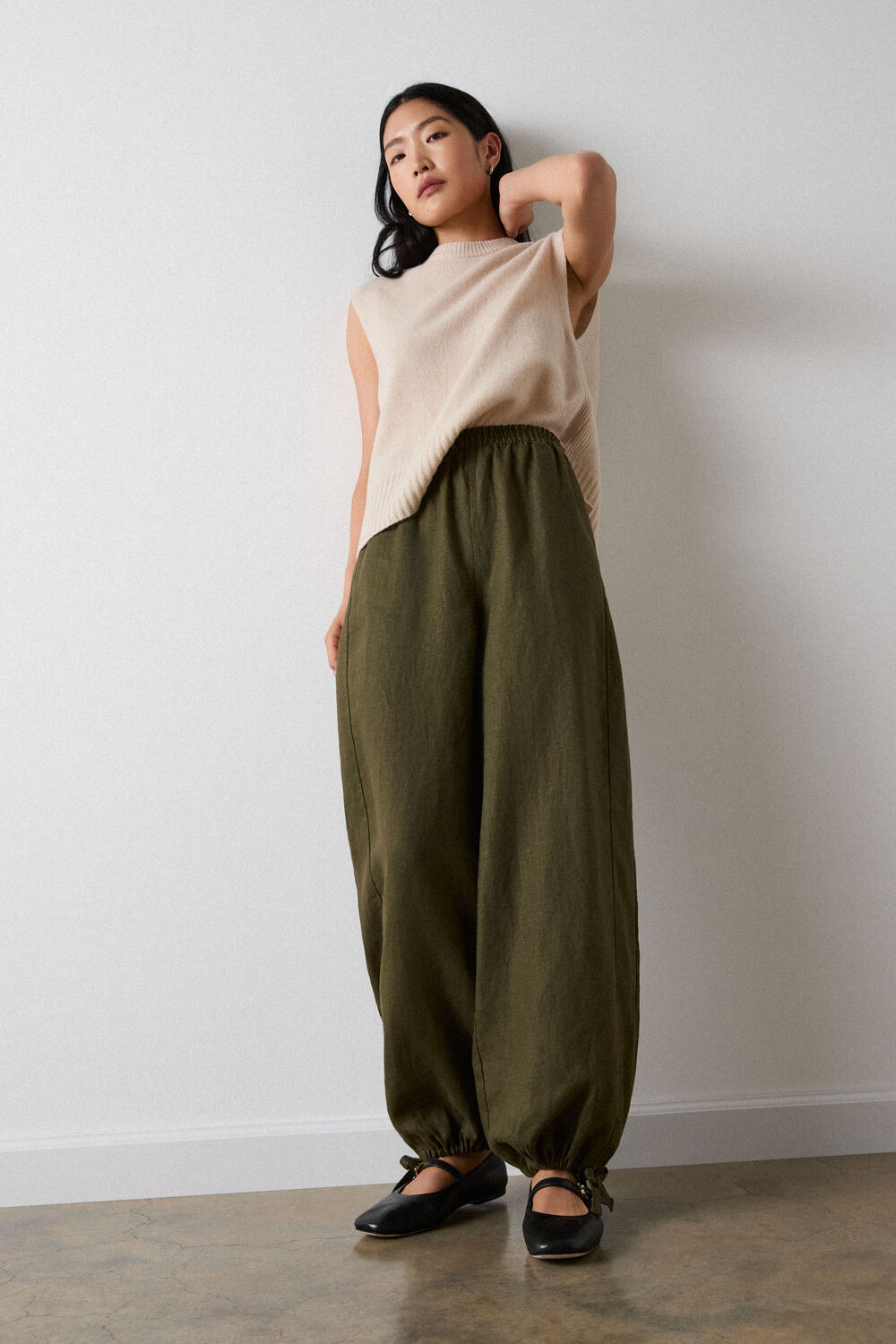 Khaki Linen Balloon Hem Trousers