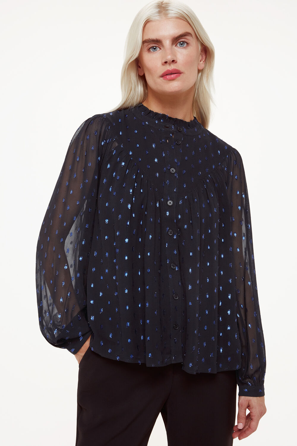 Navy Petite Mia Metallic Dobby Top