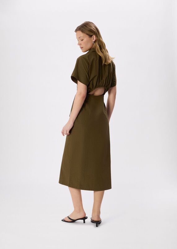 Khaki Cut Out Back Poplin Midi Dress