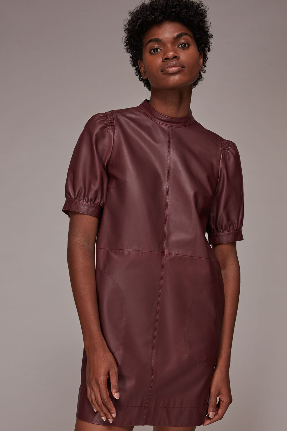 Burgundy Puff Sleeve Leather Dress