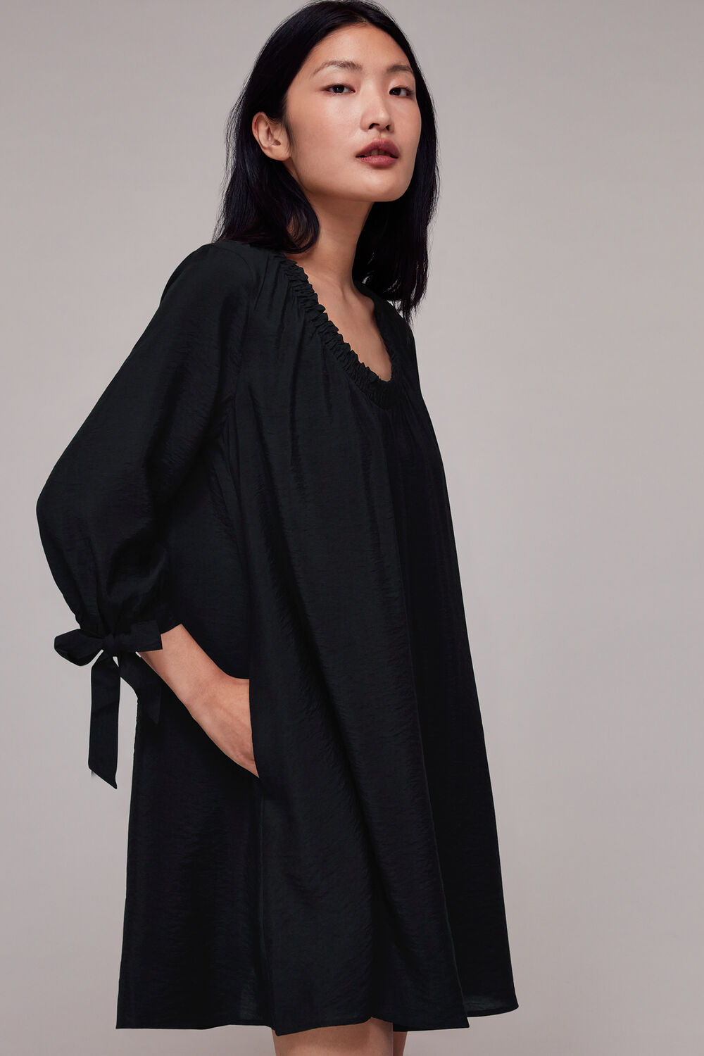 Black Lydia Gathered Trapeze Dress
