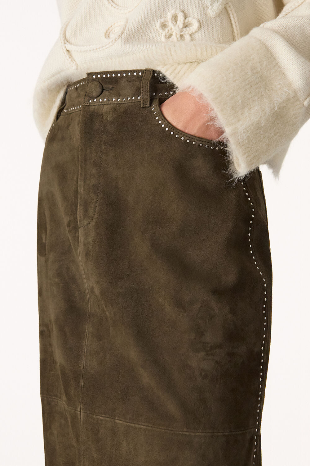 Olive Suede Studded Column Skirt