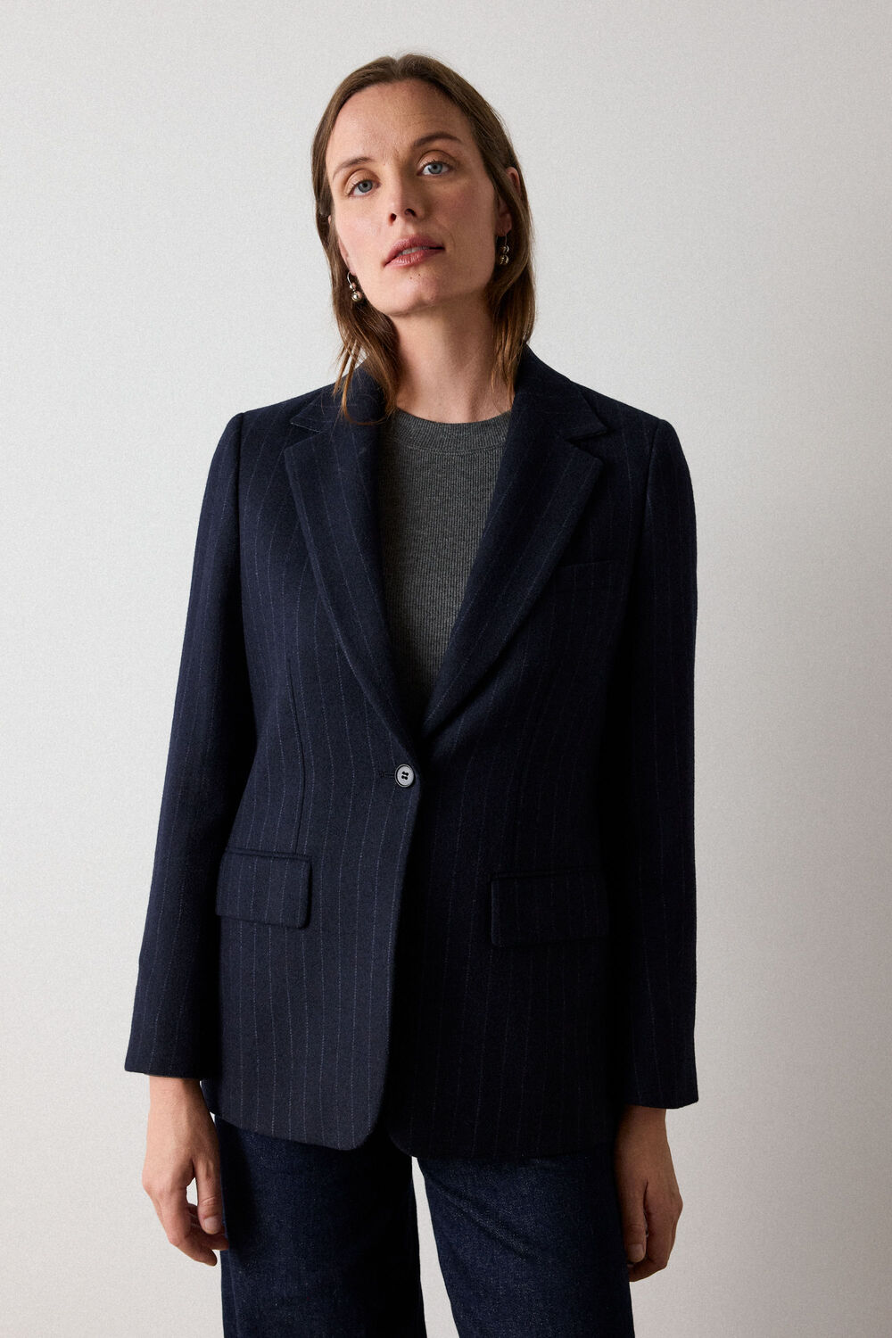 Navy Pinstripe Wool Blend Blazer