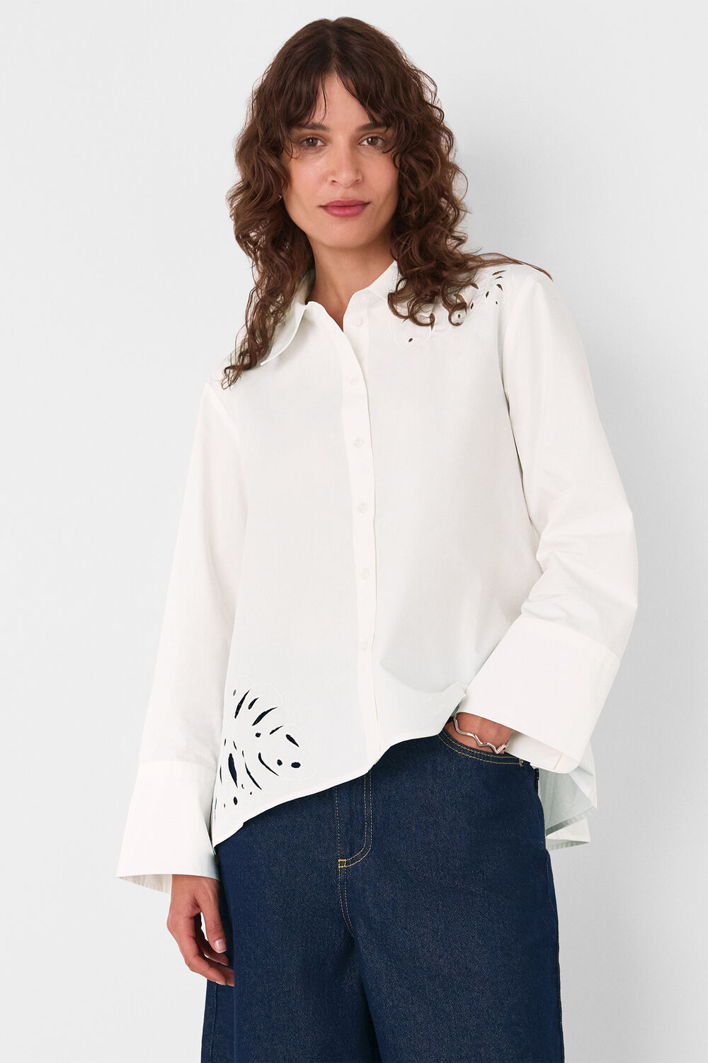 White Leaf Embroidered Cotton Shirt