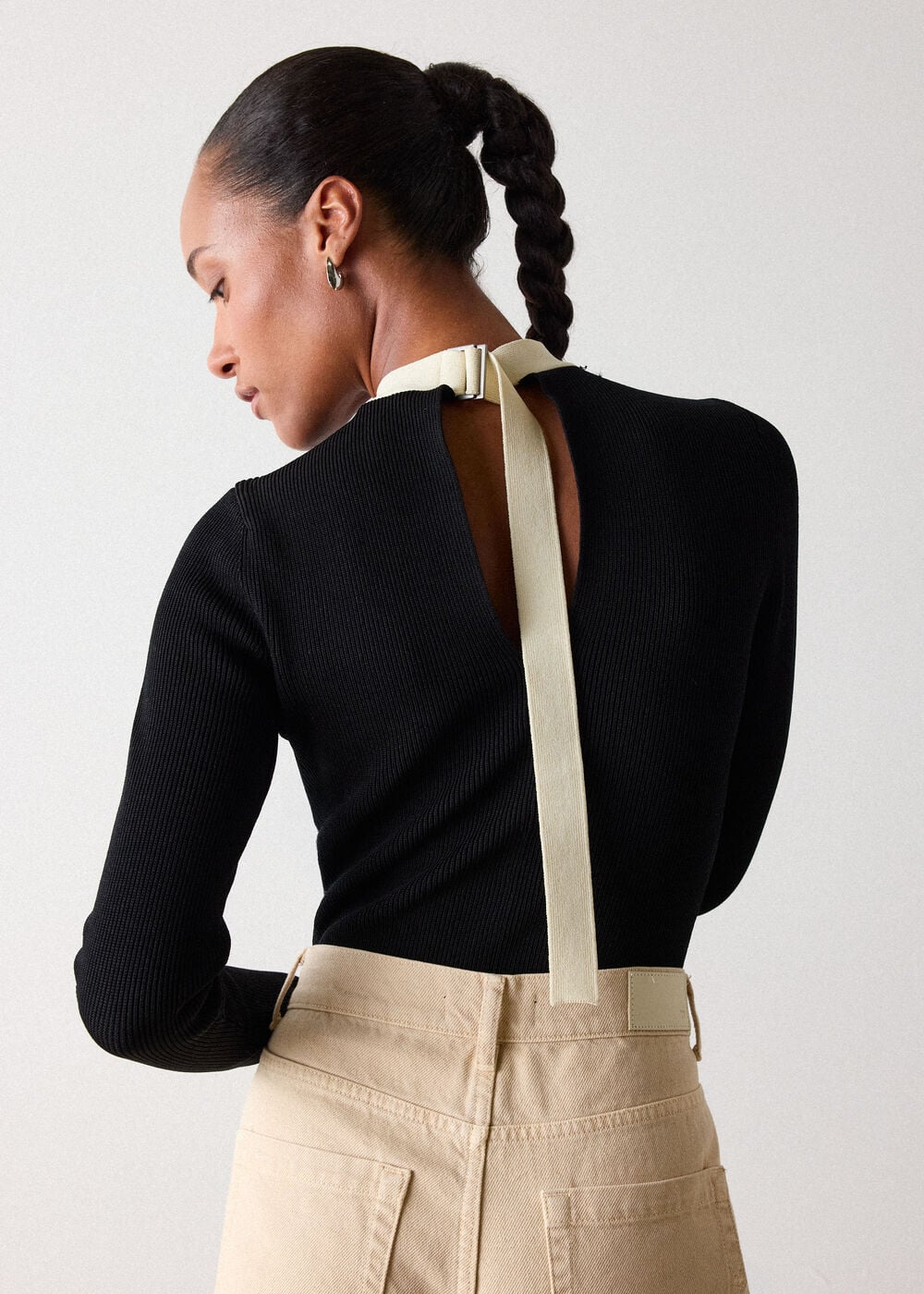 Black Tie Back Rib Knit Top