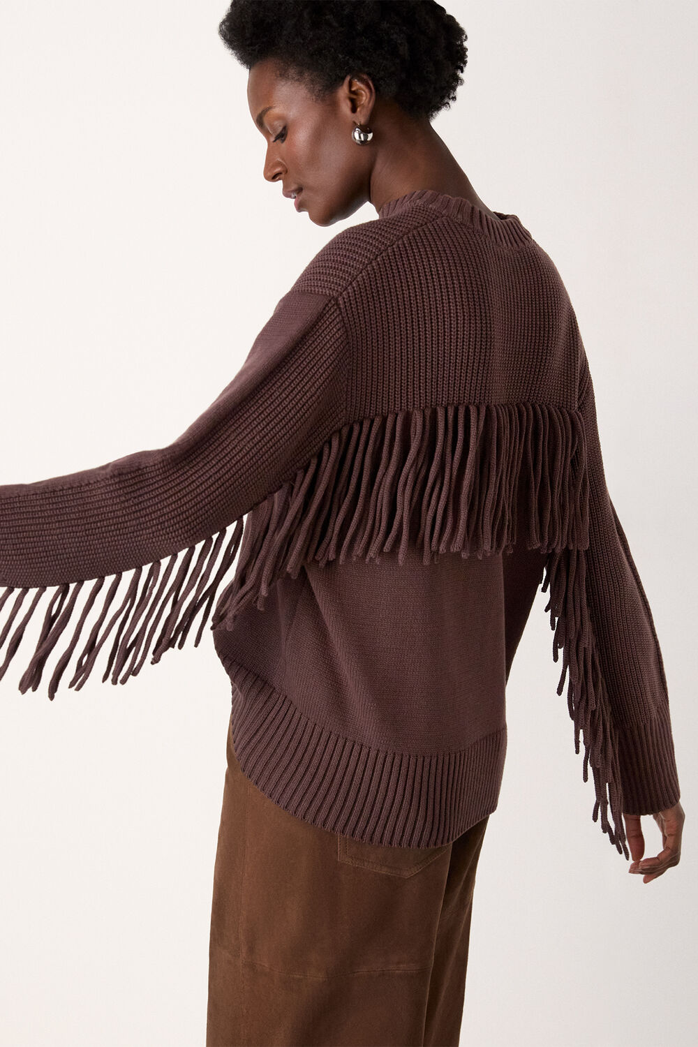 Brown Fringe Rib Detail Cotton Knit