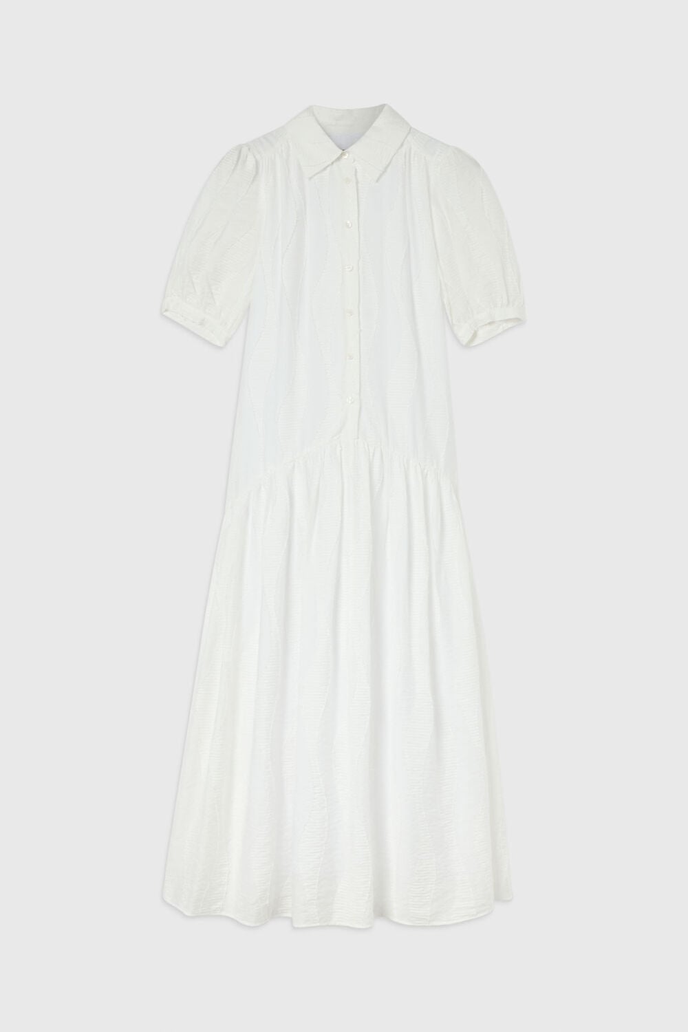 White Textured Drop Waist Midi Dress